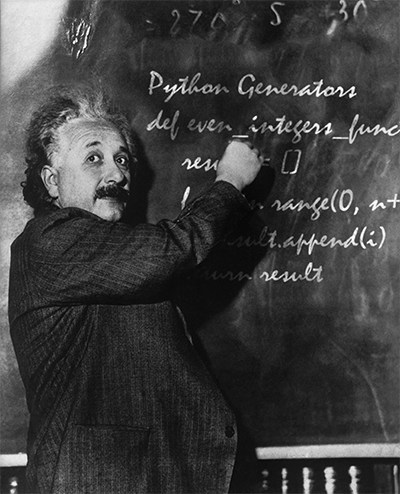 Relativity meets recursion – A doctored photo of Einstein coding.